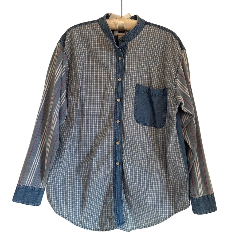 Vintage Gitano Patchwork Denim Shirt 90s Block Pattern Pearl Button Plaid W Sz L